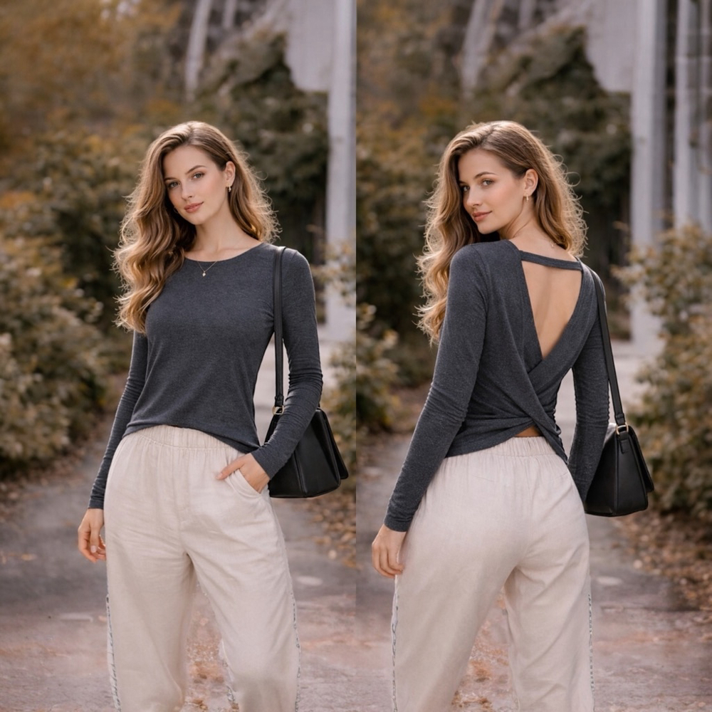 Charcoal Open Back Wrap Top Balletcore Soft Goth Minimalist Long Sleeve S